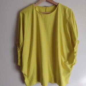 Zara Womens Yellow Oversize Top M Cotton Bubble Sleeves Blouse